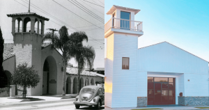 historical exterior building of coastal funeral center next to current building exterior