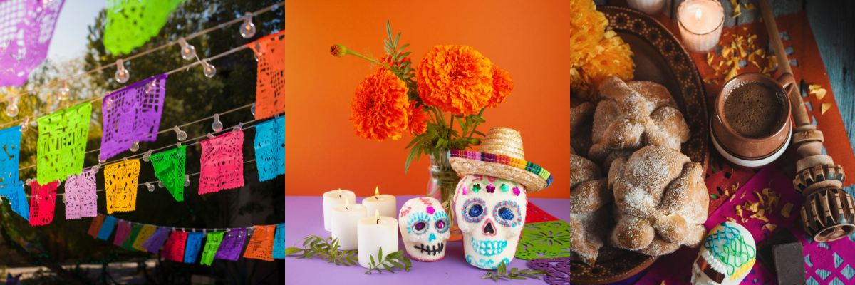 dia de los muertos banners, candles and ofrenda