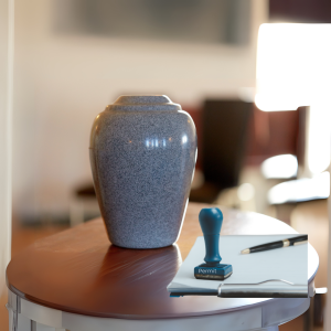 Cremation urn with permit
