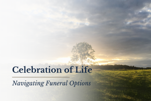 Celebration of life blog banner with a landscape view and a tall tree in the back with the sun shining through