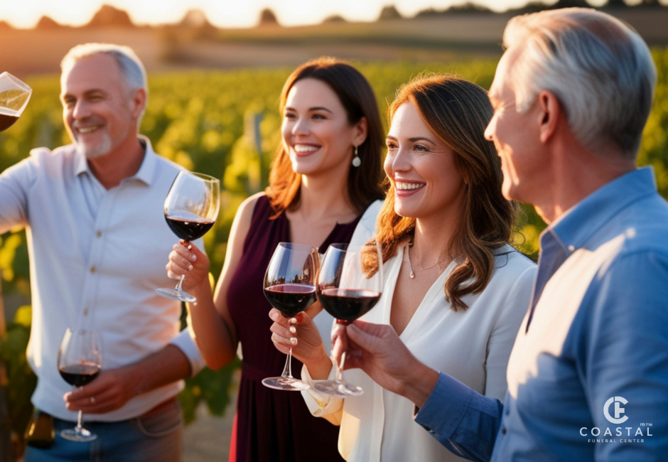 People in a circle holding glasses of wine smiling.